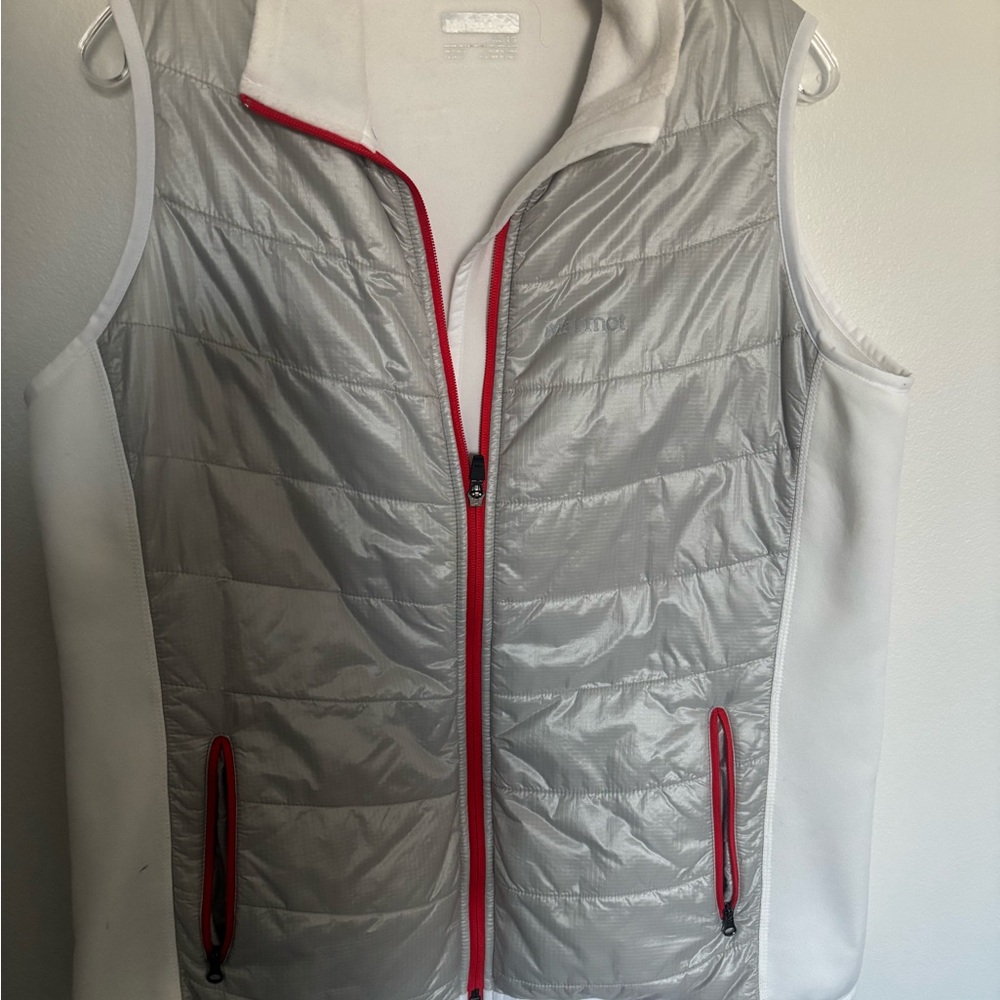 Marmot Light Gray and White Quilted Vest with Orange Trim